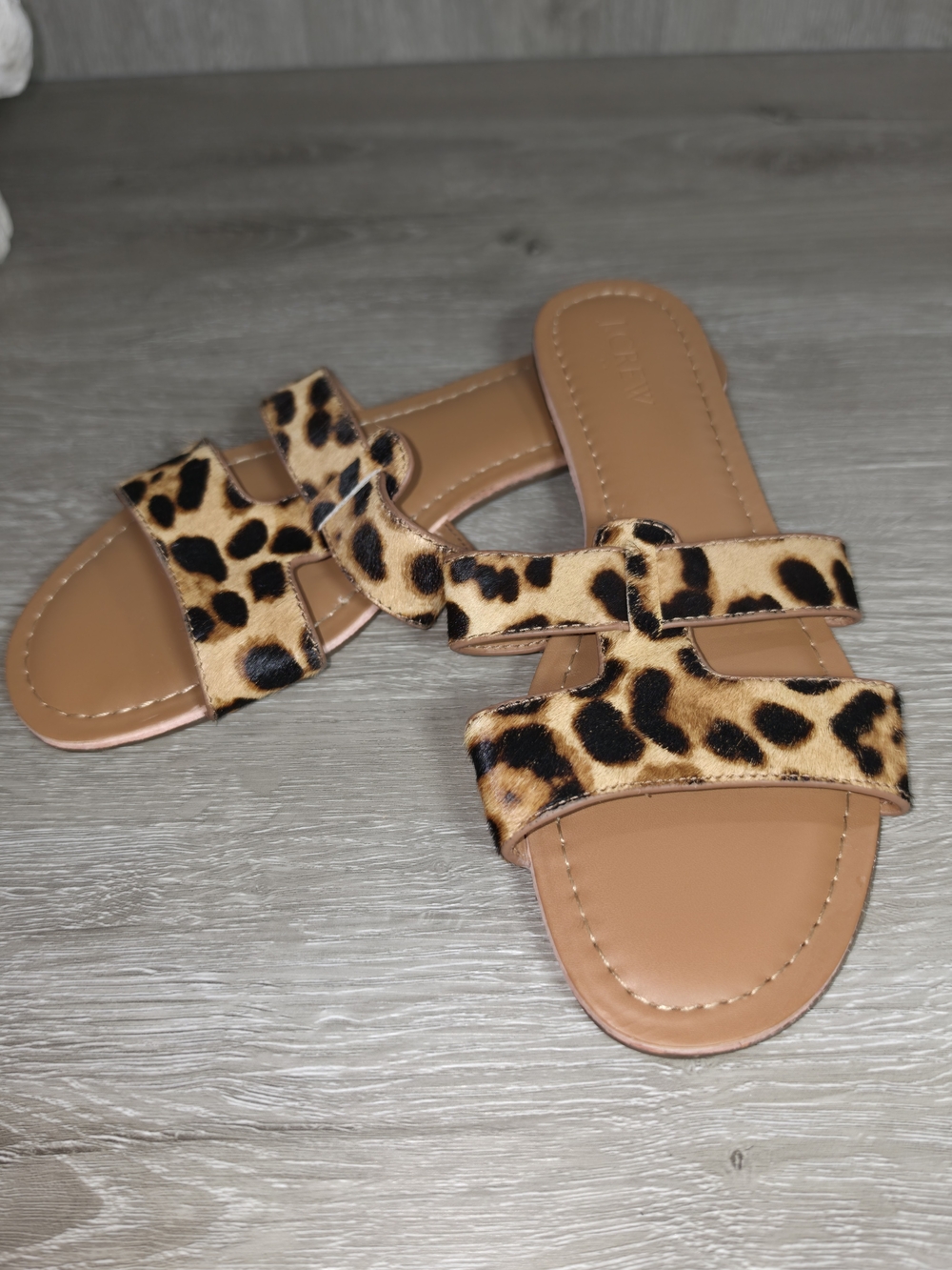 J. Crew Leopard-Print Beach Slide Sandals Tan & Black Calf Hair Womens Size 7